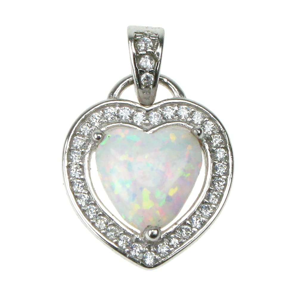 Snow Opal Heart with Cubic Zirconia Solid 925 Sterling Silver Pendant