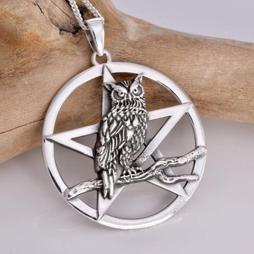 Owls Rest. Owl and Pentagram Silver Pendant
