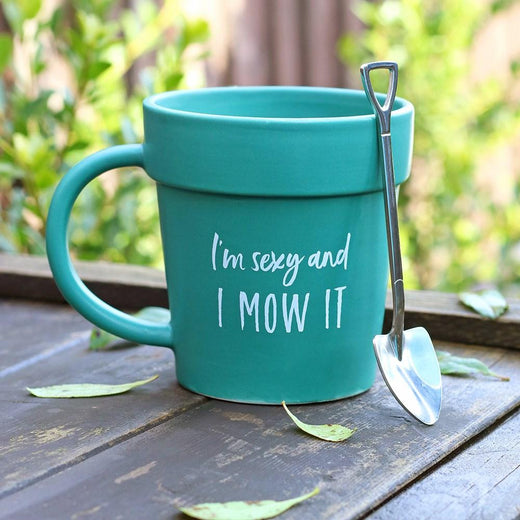 Sexy and I Mow It Plant Pot Mug and Shovel Spoon