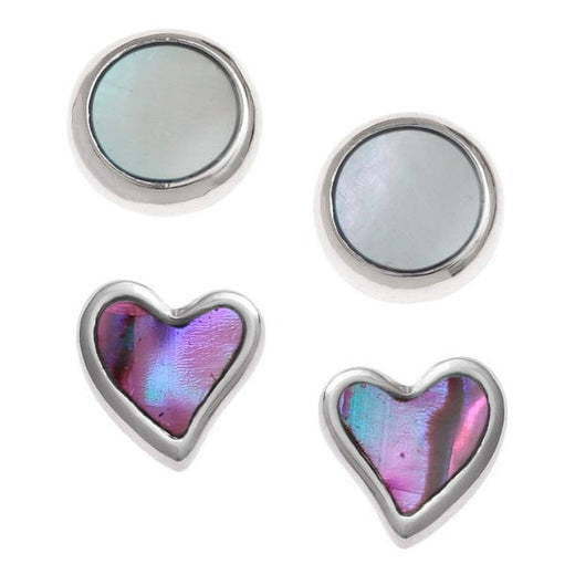 Two pairs of round and heart design Paua And Mother Of Pearl Stud Earrings