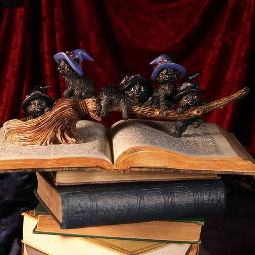 Purrfect Broomstick Witches Familiar Black Cats and Broomstick Figurine