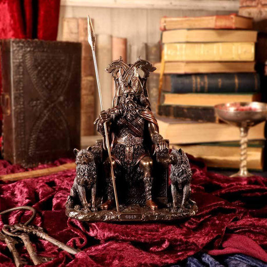 Odin All Father Wolves and Throne Bronze Figurine
