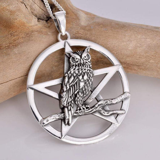 Owls Rest. Owl and Pentagram Silver Pendant