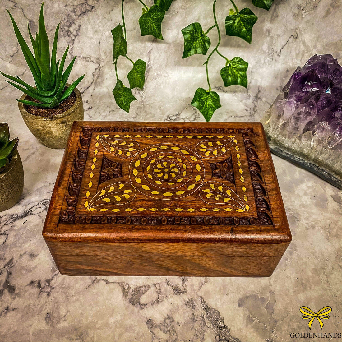 Verma Enterprises Trinket Box Leaf Wooden Box With Brass Inlay CI-5345
