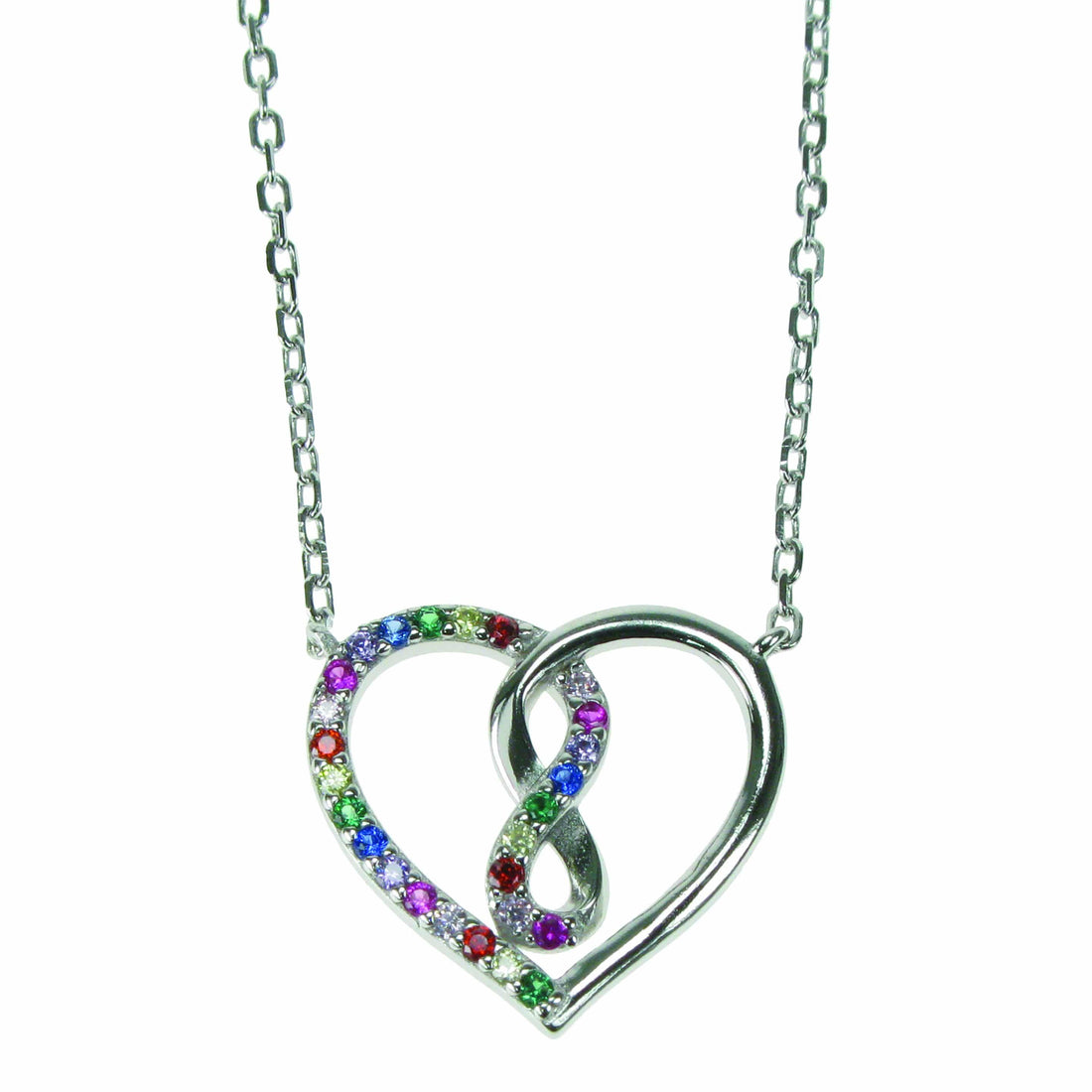Infinity Heart Multi-Colour Cubic Zirconia Solid 925 Sterling Silver Necklace