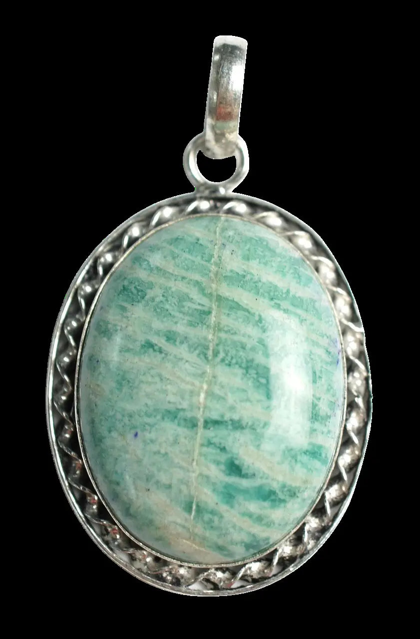 A silver pendant set with a green amazonite stone.