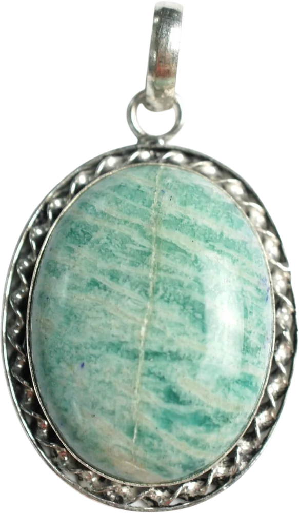 A silver pendant set with a green amazonite stone.